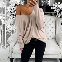 V-neck Lapsed Sleeves Loose Long-sleeved Top T-shirt For Women