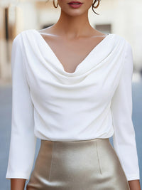 Elegant Solid-Color Draped Pleated V-Neck Blouse For Women