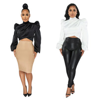 Women's Wear Puff Sleeve High Neck Short Artificial Silk Top