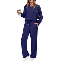 Long-sleeve Drawstring Solid-color Casual Pants Set