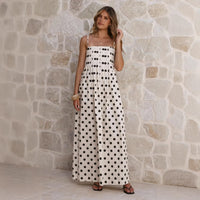 Summer Polka Dot Printed Pleated Sweet Strap Mid Length Dress