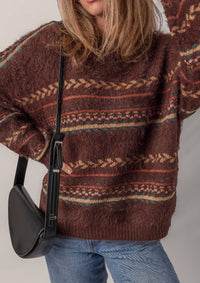 Brown Ethnic Pattern Mohair Knitted Drop Shoulder Sweater