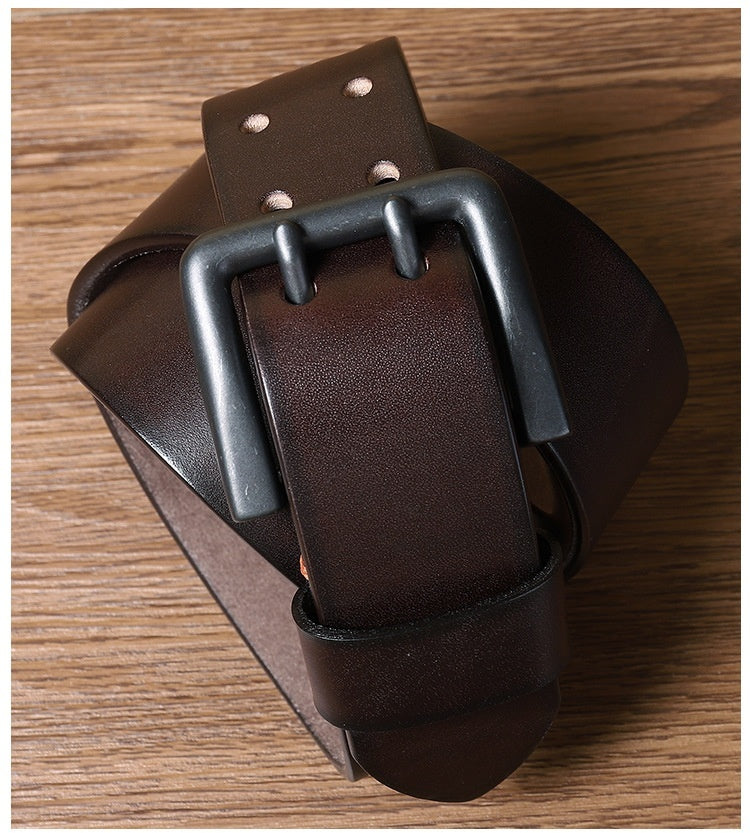 Double Pin Buckle Belt Men's Genuine Cattlehide Leather Surface All-match Casual Special Forces Belt