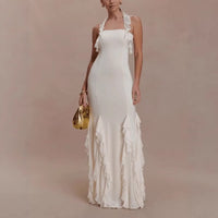 Fashionable Solid-Colored Halterneck Ruffled Sexy Backless Party Dress For Women