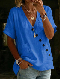 V-neck Solid-color Casual Cotton-linen Top With Buttons For Women