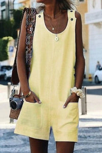 Summer New Style Women Pocket Button Cotton And Linen Strap Button Jumpsuit