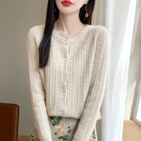 Women's Round Neck Wool Cardigan Twisted Wool Sweater