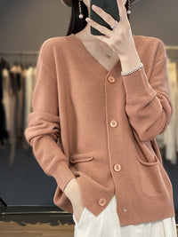 V-neck Solid Color Double Pocket Buckle 100 Cotton Thread Long Sleeve Lazy And Loose Casual Spring Knitted Cardigan For Women