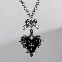 Goth Punk Red Heart Bowknot Cross Necklace