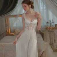Solid Color Satin With Chest Pad Lace Slip Nightdress