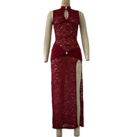 Sexy Fashionable Lace Hollow-Out High-Slit Slim-Fit Sleeveless Dress For Women