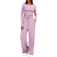 Womens Solid-Color Casual Top And Pants Set