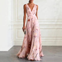 Bluesy Tulip-Print Gown Elegant Flowing Sleeveless V-Neck Chiffon Maxi Dress For Parties And Formal Events