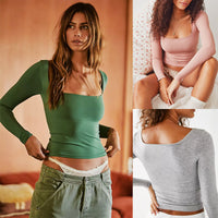 Women's Clothes Long Sleeve T-shirt Solid Color Bare Midriff Short Square Collar Top
