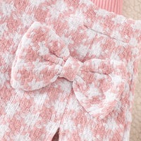 Girl's Long-sleeved Top With Plaid Bow Short Skirt Set