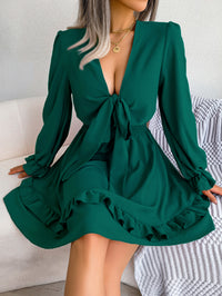 Women  Casual Tie Waist Ruffle Trim Flowy Dress