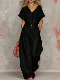 Solid-color V-neck Short-sleeve Top And Wide-leg Pants Set