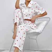 Heart-printed Crepe Cotton Pajama Pants And Short-sleeve Top Set