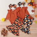 Halloween Autumn And Winter Infant Long-sleeve Jumpsuit Pumpkin Print Flared Pants Hair Band Girls' Suit