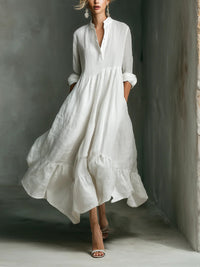 New Style Western-style Casual Cotton-Linen Resort Half-Open Collar Dress