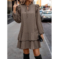 Printed Necktie-detail Dress With A Multi-layered Hem