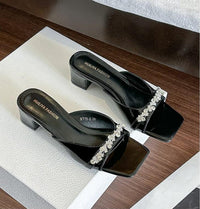 Thick Heeled Square Toe One-piece Slippers, Women's Summer High Heels, Exquisite French Style Sandals