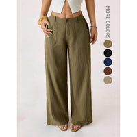New Cotton-linen Womens Mid-rise Casual Commuter Wide-leg Pants