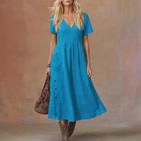 Women's V-neck Short-sleeve Pocketed Loose-fitting Fashionable Dress