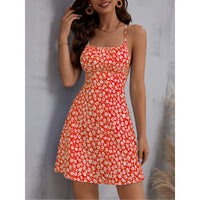 European And American-style Slim-fit Floral Print Backless Slip Dress