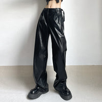 Women's Straight Low Waist Loose Casual Leather Pants