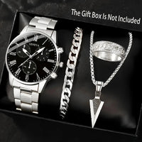 Mens Quartz Watch Necklace  Bracelet And Ring 4-Piece Set