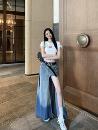 Retro Button A- Line Design Slit Midi Skirt