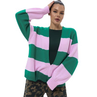 European And American Style Contrast Color Striped Cardigan Women's Loose Long Sleeve Sweater Coat