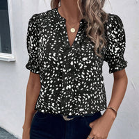Women's Casual V-Neck Printed Pleated Short-Sleeve Chiffon Blouse