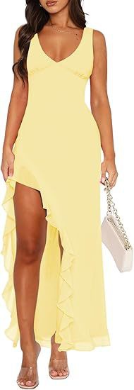V-neck Hemline Dress Sleeveless Womens Clothing With A Letter-print Ruffled Trim