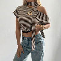 Womens Striped Cold-Shoulder Top With Tie Details And Short Sleeves