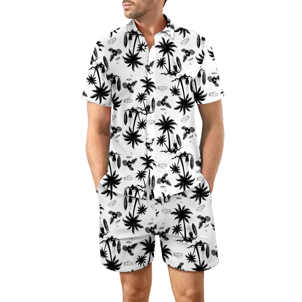 European Size Men's Casual Loose Shirt Suit Hawaii Seaside 3d Digital Printing Beach Short Sleeve Shorts