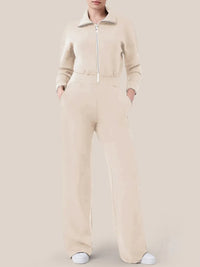 Long Sleeve Wide Leg Jumpsuit Rompers Zipper And Lapel Sweatshirt Suit Women