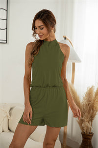 Split Back Button Halter Off-shoulder Jumpsuit Shorts