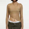 Crew Neck Personality Irregular Sexy Midriff Outfit Sheer Long Sleeve Knitwear