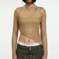 Crew Neck Personality Irregular Sexy Midriff Outfit Sheer Long Sleeve Knitwear