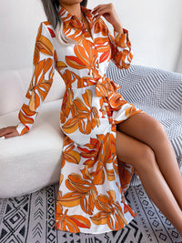 Women's Floral Print Lapel Tie Waist Shirt Maxi Dress