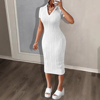 Spring Summer V-Neck Casual Fashion Pleated Short-Sleeve Womens Shirt Dress