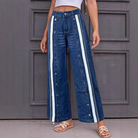 Fashionable Retro Personalized Flared Split Hem Color-Block Wide-Leg Floor-Length Womens Denim Trousers