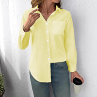 Lapel-collar Casual Pleated Loose-fitting Long-sleeve Womens Blouse