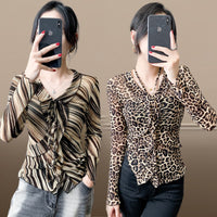 Fashionable Sheer Mesh Floral Long-Sleeve Top For Women