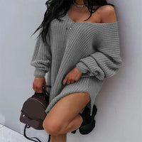 Mid-length Off-shoulder Solid-color V-neck Loose Sweater