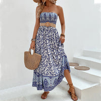 European And American-style Printed Backless Tube Dress