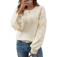 Machine Embroidery Three-dimensional Small Chrysanthemum Pullover Round Neck Loose Knitted Sweater