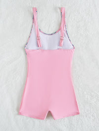 One Piece Tropical Plant Print Colorblock Boxer Conservative Swimsuit